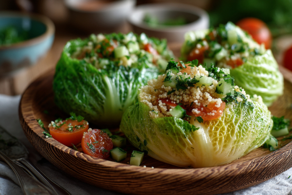 Салат &laquo;Табуле&raquo; с кускусом и овощами на листьях капусты: восточная закуска из обычных продуктов