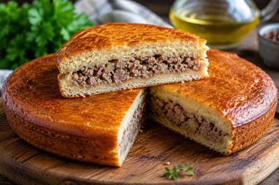 Пирог &laquo;2 стакана&raquo; с фаршем &mdash; проще и быстрее курника: замешиваю кефирное тесто, и через час на столе румяная выпечка
